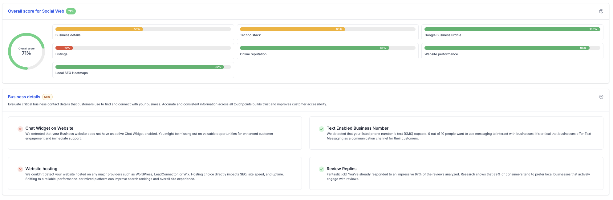 Business details section of the SocialWeb marketing audit