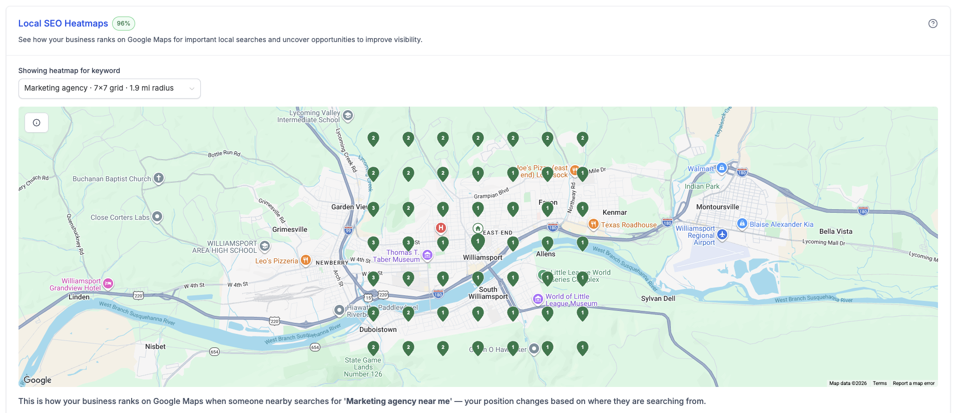 Local SEO heatmap ranking section of the SocialWeb marketing audit