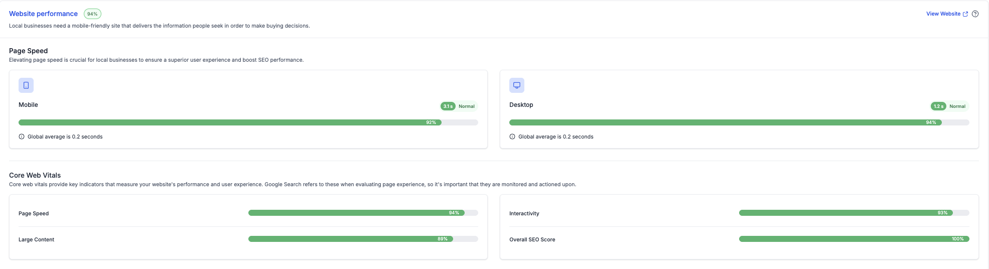 Website performance section of the SocialWeb marketing audit